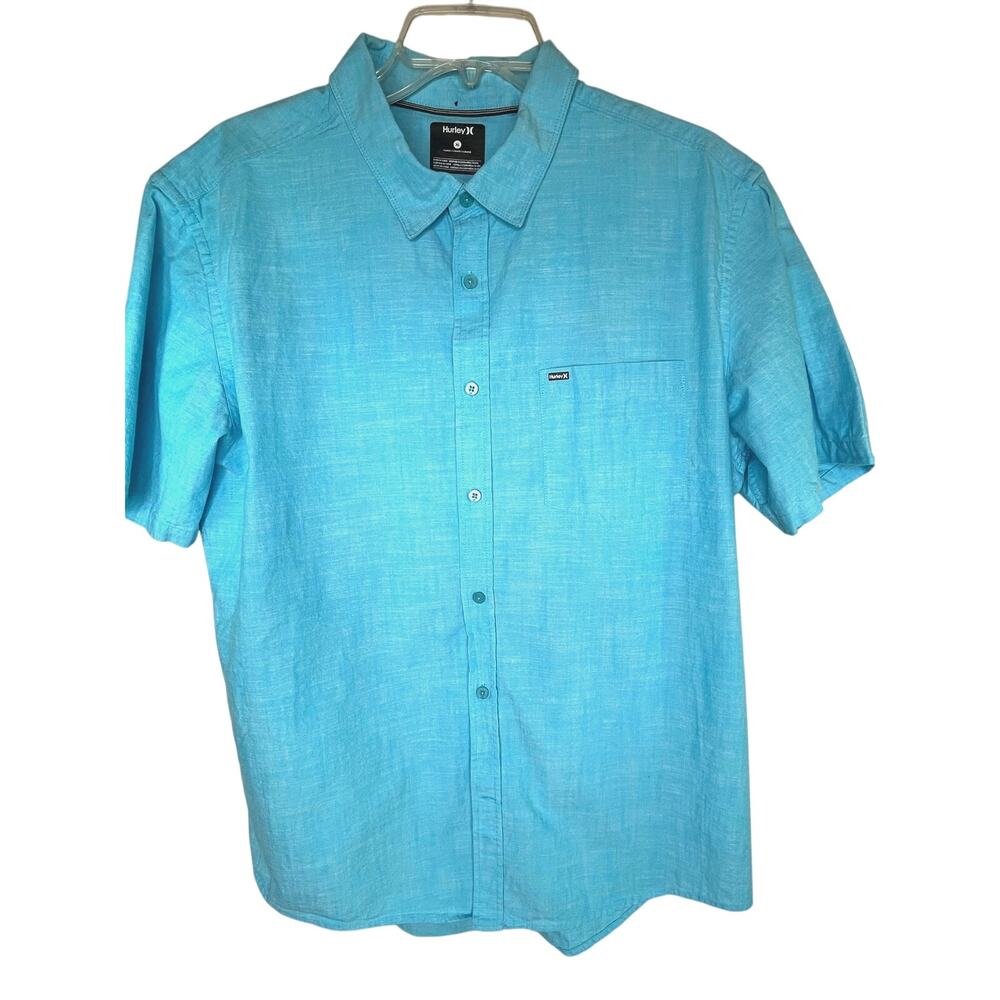 Hurley men's short sleeve button up 100% cotton shirt, blue, size XL, EUC
